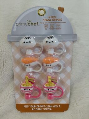 NWT PrimeChef Cute Food Straw Toppers - White, Orange, Pink